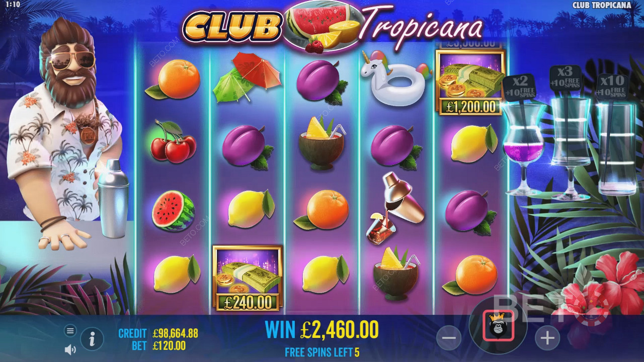 有機會在 Club Tropicana 老虎機的免費旋轉中收集金錢符號