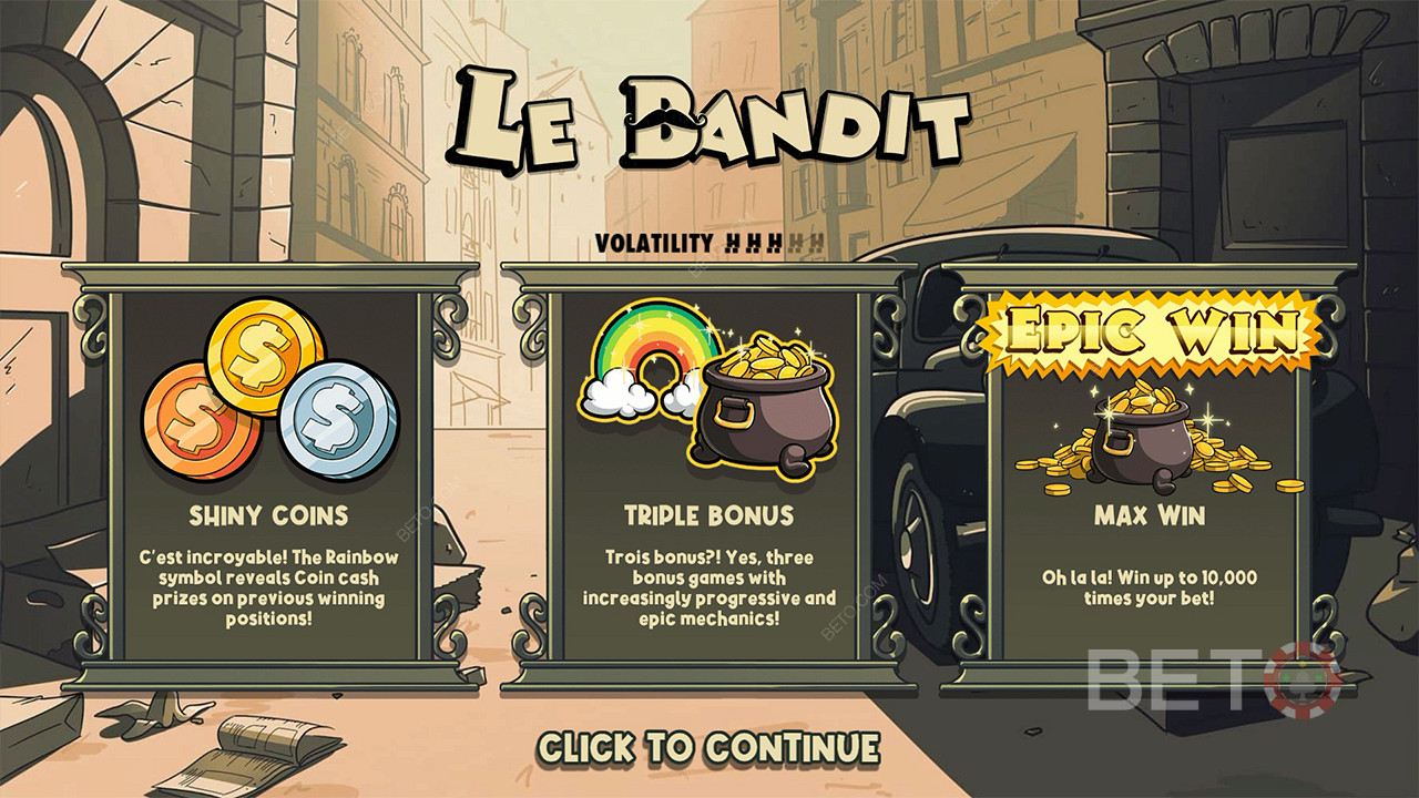 三項獎金和現金獎勵將幫助您贏得 Le Bandit 老虎機賭注的 10,000 倍