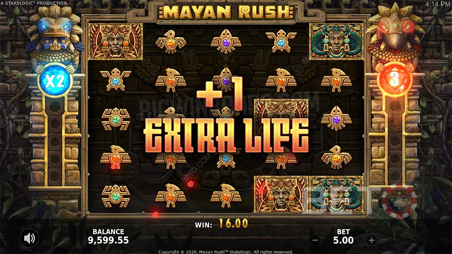 Mayan Rush獎勵功能包括免費旋轉、乘數和賭博功能