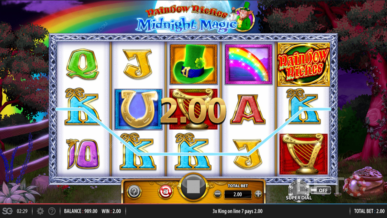 Rainbow Riches Midnight Magic老虎機中的 10 條不同的有效支付線