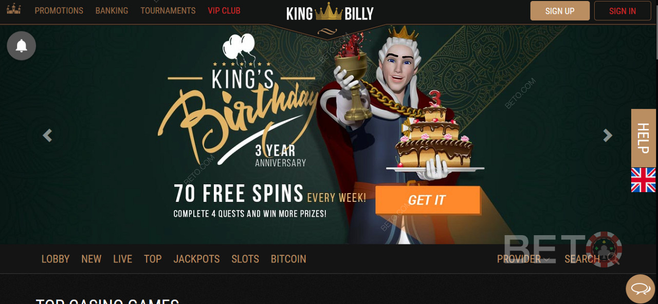 在King Billy賭場獲得特別獎金和免費旋轉