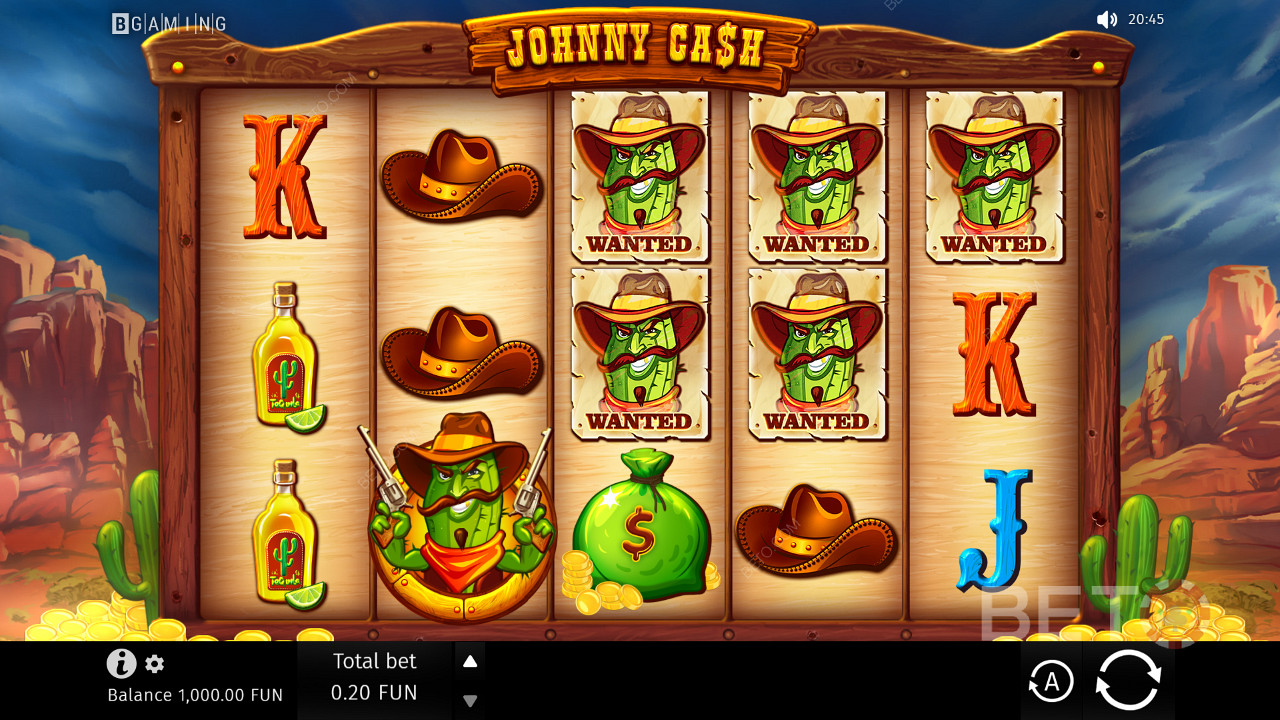 Johnny Cash的經典遊戲網格，帶有 5 個捲軸和 3 行