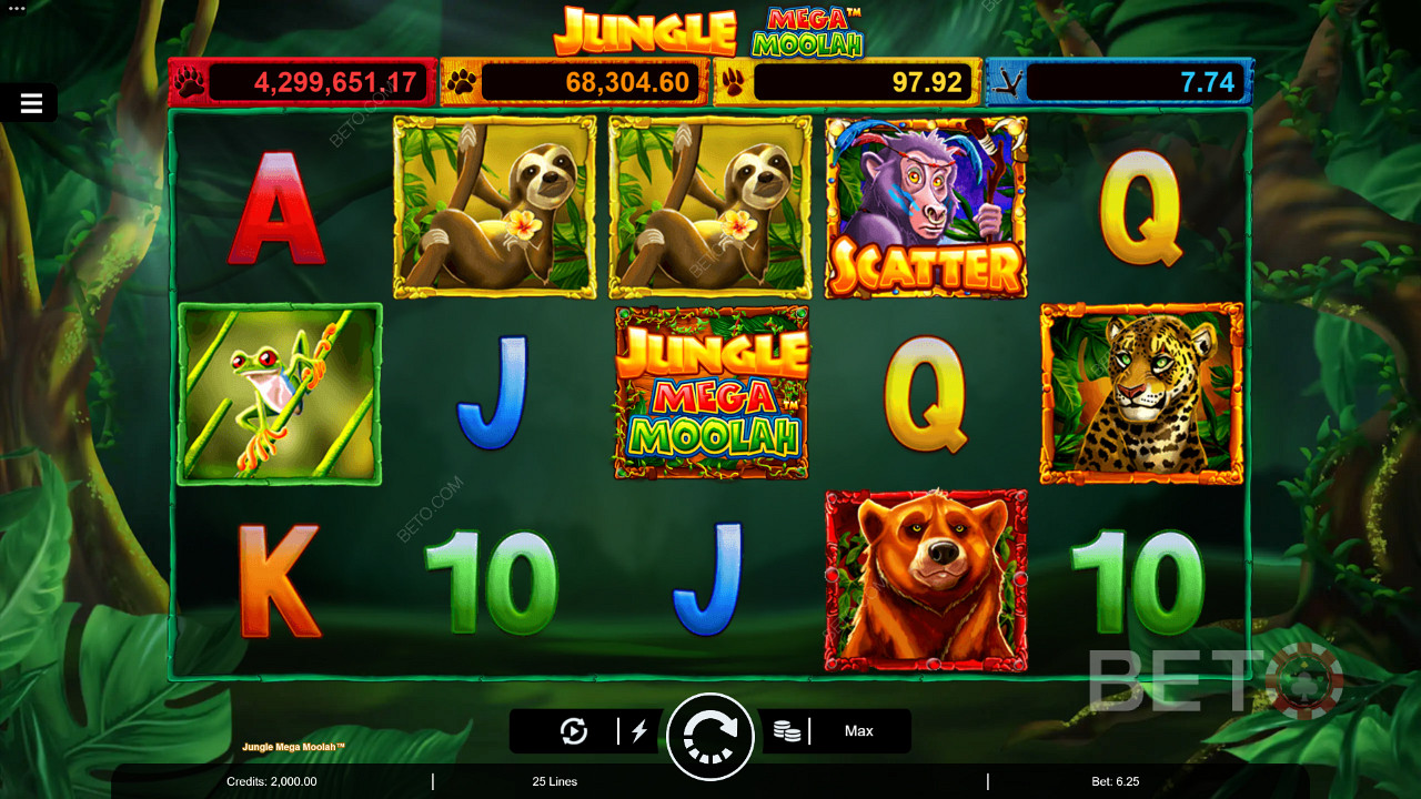 在Jungle Mega Moolah老虎機中享受 Multiplier Wilds、免費旋轉和四個累積獎金
