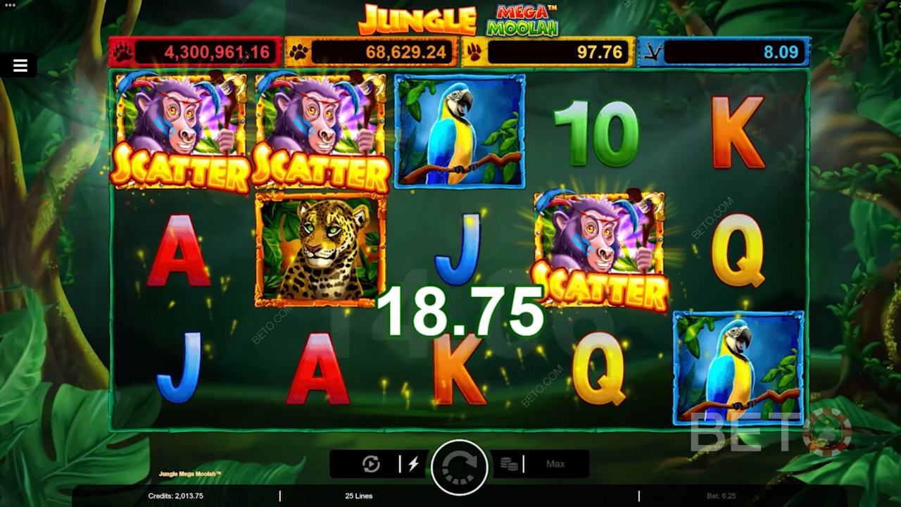 Land 3 Monkey Scatter 在Jungle Mega Moolah在線老虎機遊戲中觸發免費旋轉