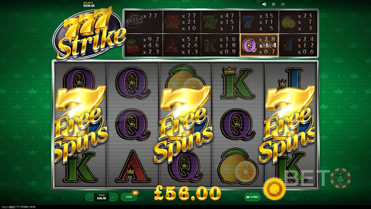 在777 Strike插槽中啟動 Free Spins 回合