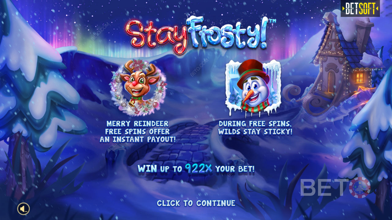 Stay Frosty中的介紹屏幕！ Merry Reindeer Free Spins & Max Win 922x 您的賭注！