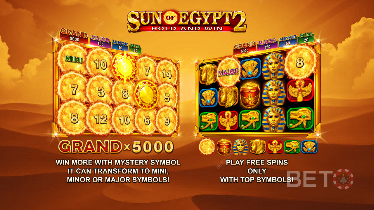 在 Sun of Egypt 2 老虎機中享受價值高達 5,000 倍賭注的累積獎金和免費旋轉
