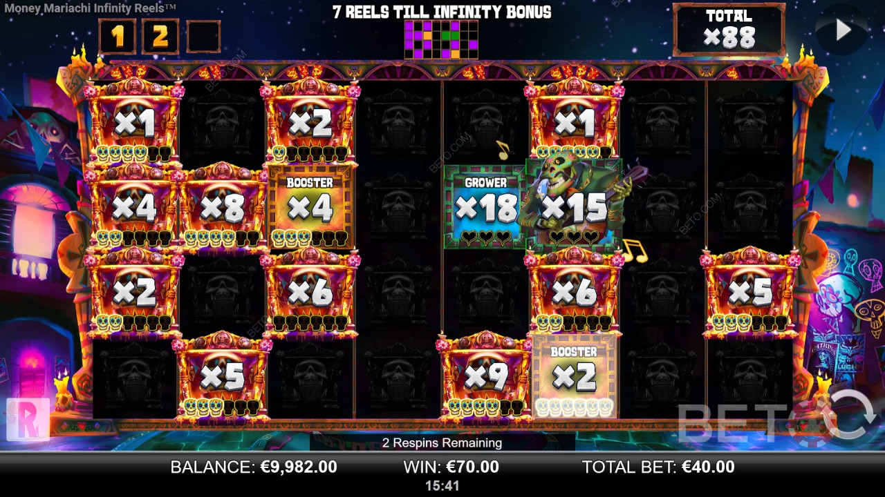 《金錢瑪利亞奇嘉年華無限捲軸》（Money Mariachi Fiesta Infinity Reels）由Reel Play出品，詳細介紹了遊戲中的獎勵功能。