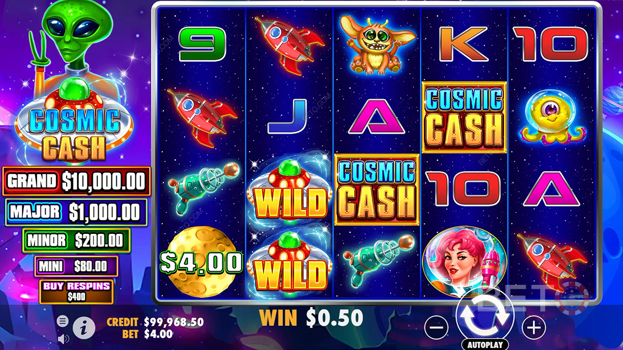 在 Cosmic Cash 賭場老虎機的基礎遊戲中T大量 Wild 符號