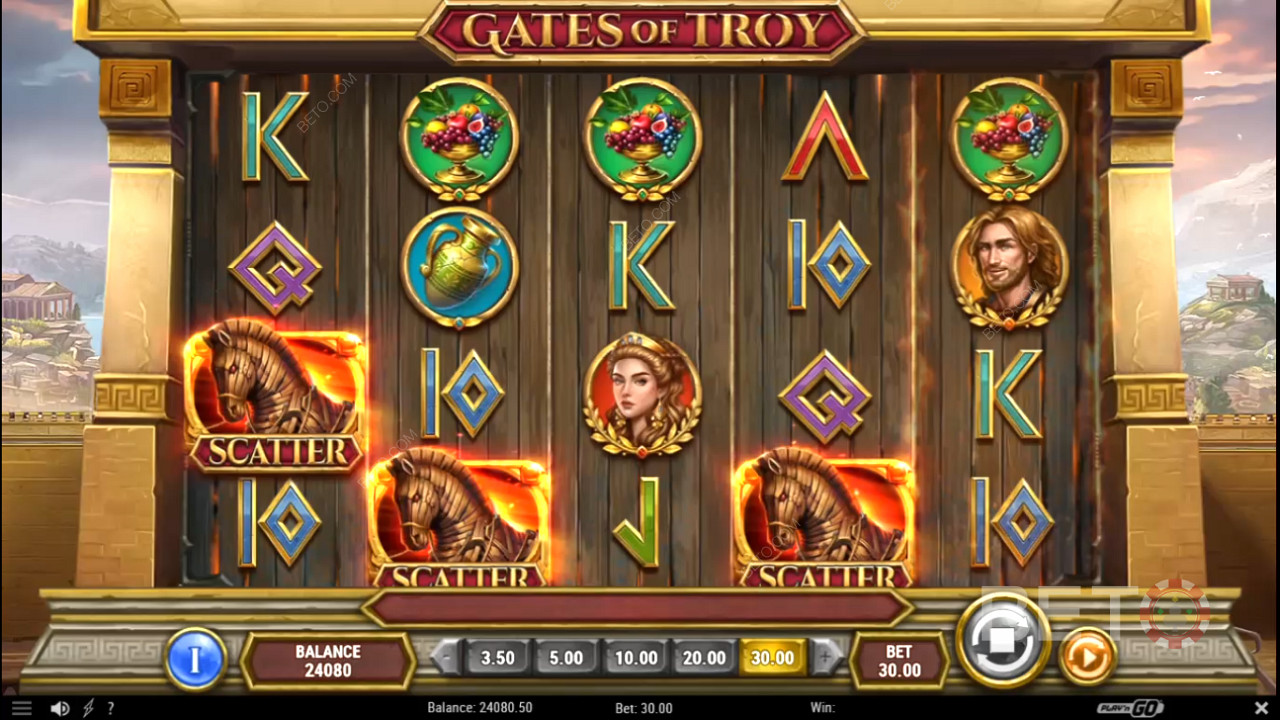 3 個或更多 Scatters 將在 Gates of Troy 賭場遊戲中獎勵 Free Spins
