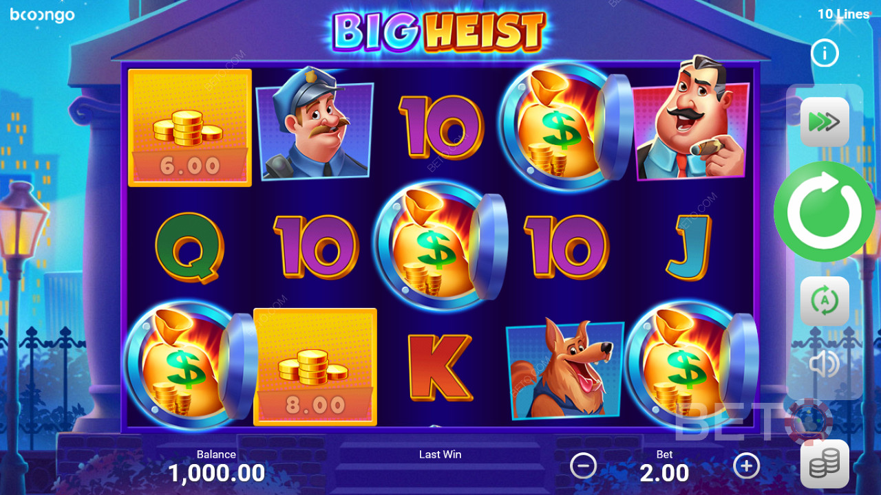 Big Heist 是一場針對 5x3 網格和 10 條固定支付線的所有賭注的對抗